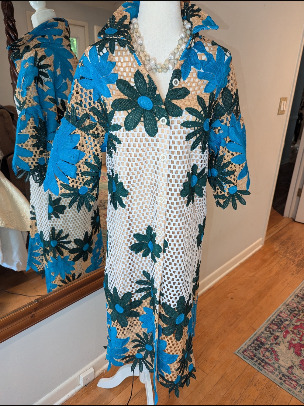 Eva Franco Blue and Green Floral Crochet Midi Dress
